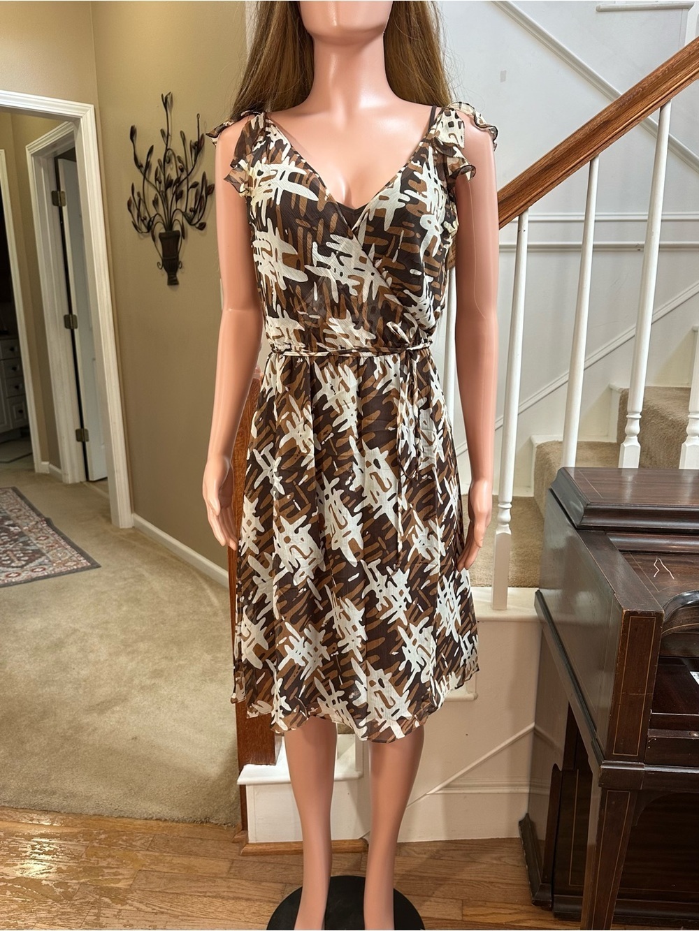 The Limited Brown and Cream Printed Midi Dress with Tie Shoulders